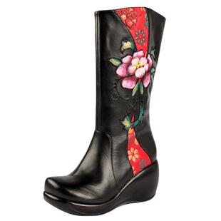 纳妮雅原创民族风女靴真皮绣花靴子坡跟 33 34小码女士中筒靴秋冬