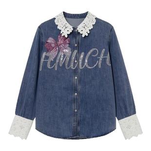 TCH甜酷减龄宽松蕾丝领烫钻蝴蝶结宽松牛仔衬衫外套女T78A13E1006