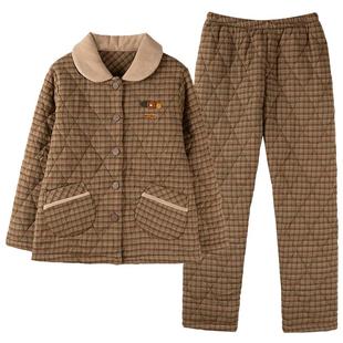 睡衣女冬季三层加厚加绒梭织纯棉夹棉袄秋冬珊瑚绒冬款超厚家居服