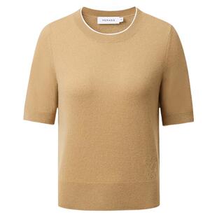 VGRASS女装全羊毛正肩罗纹针织短袖春新款拼色修身打底毛衣T恤