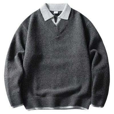 灰色假两件毛衣男生羊毛翻领秋冬季加厚内搭高级感慵懒针织衫新款