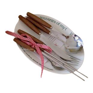 小众韩国ins风复古木柄筷子勺子套装餐厅不锈钢甜品刀叉家用餐具