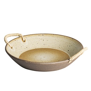 网红个性麻绳粗陶菜盘日式餐具老式复古怀旧创意双耳盘子陶土餐具