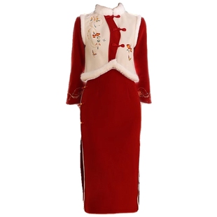 红色过年旗袍2025新款秋冬季长袖加厚龙年拜年服过年新年马甲唐装