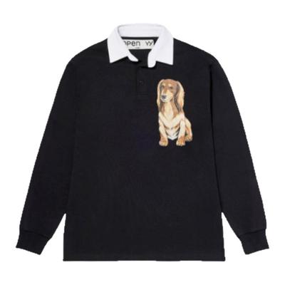 【现货】韩国小众OPEN YY小狗印花长袖直筒宽松polo翻领卫衣上衣