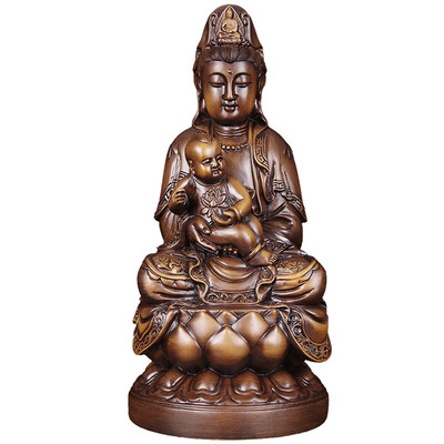 原木雕菩萨摆件供奉送子观音佛像