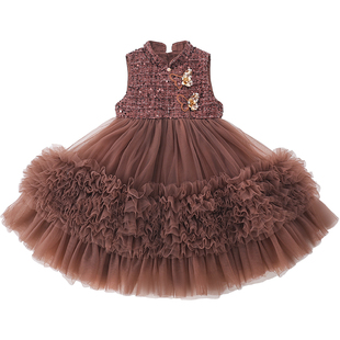 米米哈罗女童连衣裙冬装2025新款儿童小香风网纱公主裙女孩礼服裙