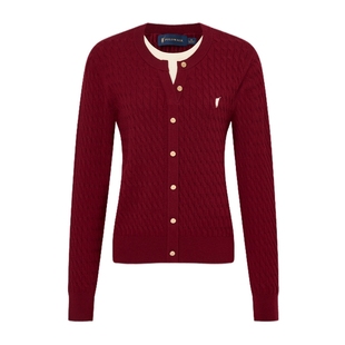 【特惠】POLOWALK女士绞花毛衣针织衫开衫薄款新年红内搭上衣