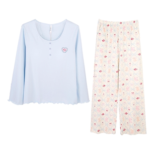 【晁然推荐】安之伴睡衣女春秋季纯棉长袖套装带胸垫家居服可外穿