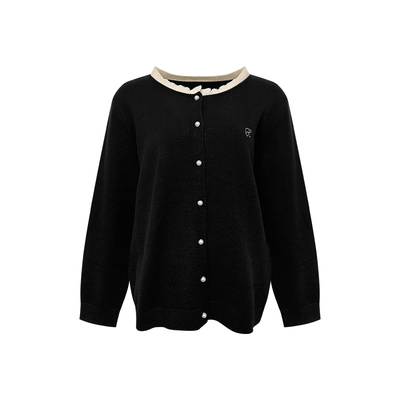 NAZ那子大码冬季安迪绒木耳领珍珠扣开衫胖mm撞色拼接洋气针织衫