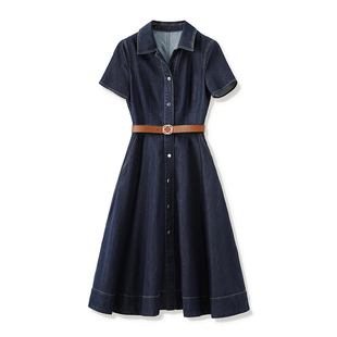 迪奥牛仔连衣裙女夏季新款短袖收腰显瘦高级感优雅气质中长款裙子