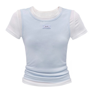 【现货】易碎商店·余温日记 韩系简约设计蓝白拼短袖修身百搭T恤