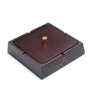 中式黑檀实木烟灰缸带盖大号创意个性潮流家用客厅防飞灰定制复古