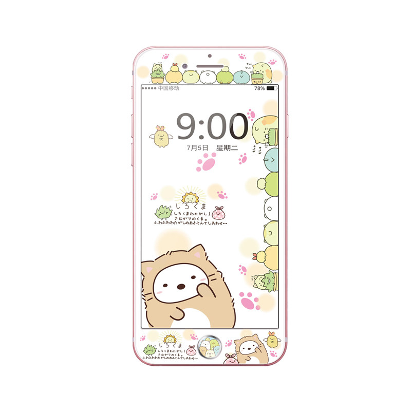 卡通膜配同款按键贴适用苹果6/7/8钢化全屏彩膜iphone8plus指纹贴