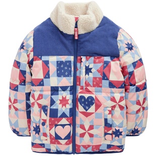 代购MiniBoden儿童厚棉服 25冬季女童蓝色拼接加绒保暖棉大衣外套