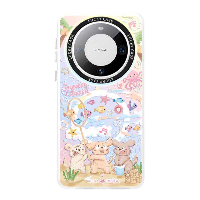 夏日小狗海滩适用华为Mate80promax手机壳磁吸mate60带支架保护套mt40e镭射mete70全包防摔可爱mt30新款网红