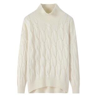 阿绒源纯山羊绒绞花女套衫半高领白色针织加厚粗针宽松版休闲毛衣