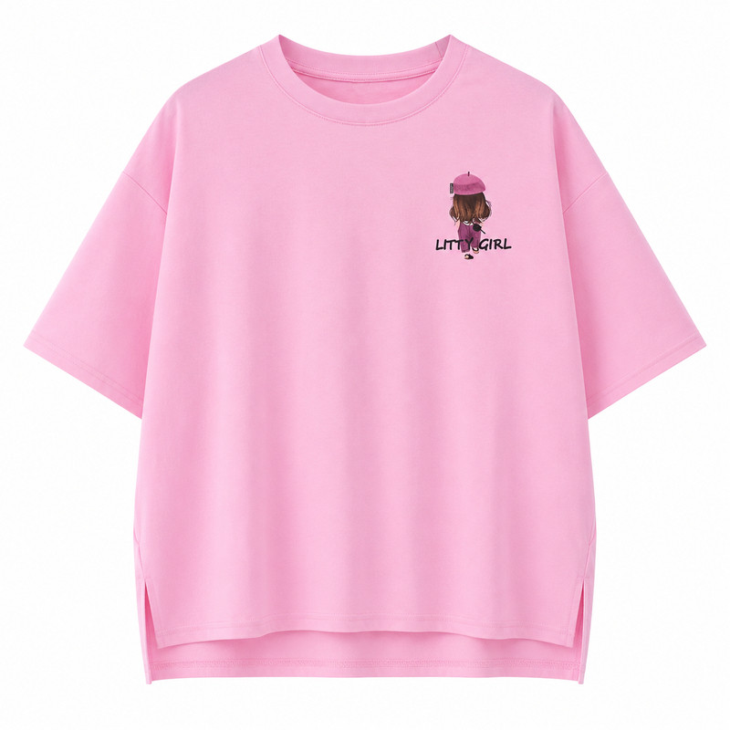 粉色宽松圆领短袖女夏季纯棉落