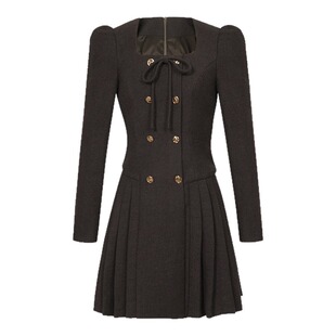 2026春秋新款法式百搭方领收腰连衣裙女士气质a字裙高收腰双排扣