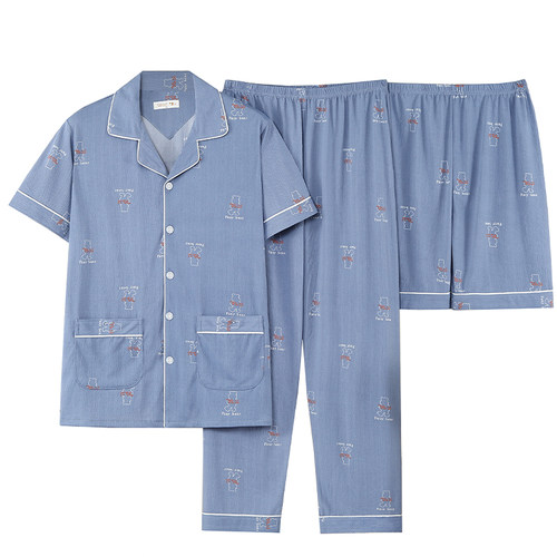 三件套睡衣男士夏季纯棉短袖短裤长裤外穿大码家居服春秋夏天薄款