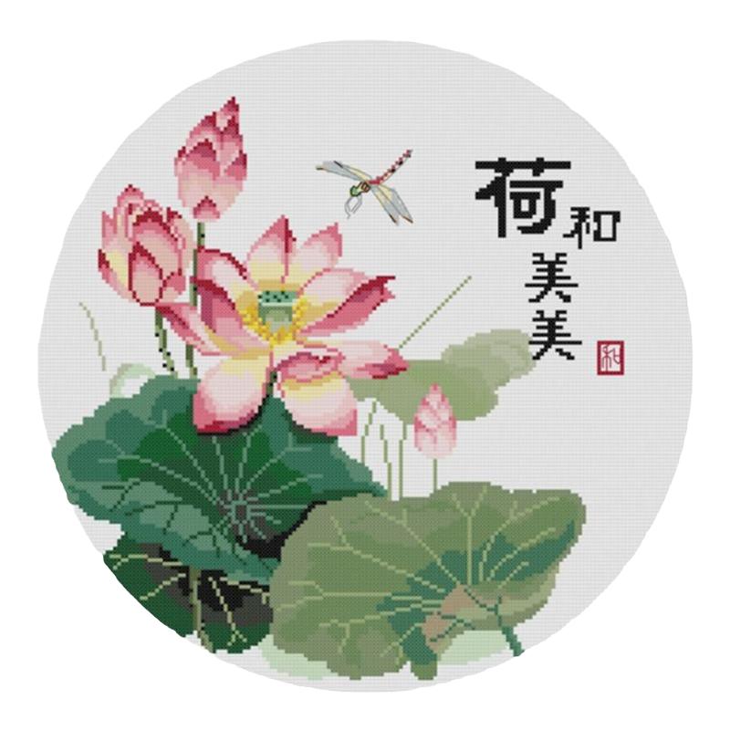 圆形荷花十字绣和和美美清新小幅