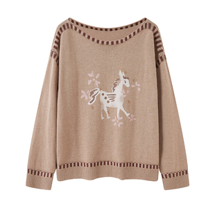 DIDDIMODA 斜肩小马印花羊毛混纺一字肩露肩宽松慵懒风针织毛衣