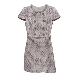 时尚三件套装粉色小香风短袖上衣开衫高腰半身长裙圆领修身连衣裙