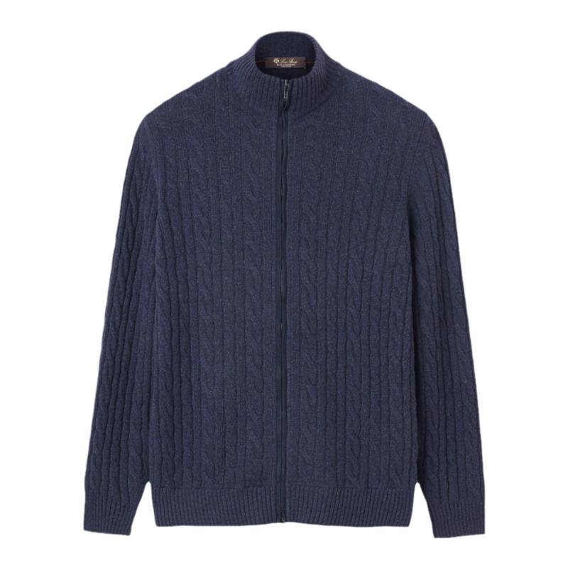 Loro Piana/诺悠翩雅男装海军蓝色羊绒编织拉链长袖针织衫