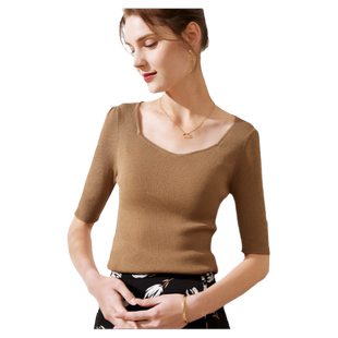 MintSiren冰丝V领短袖修身针织衫五分袖春夏季天丝低领螺纹女上衣