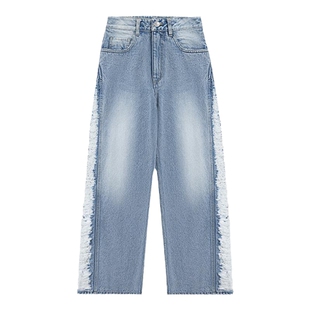 【周深同款】CALLEDBACK2026春夏新款毛边水洗牛仔裤女高腰直筒裤