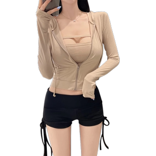 纯欲性感两件套修身长袖小开衫连帽外套上衣内搭抹胸打底衫套装女