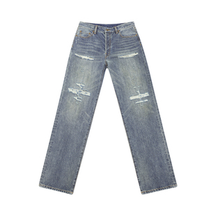 THESOONG/盐系口碑直筒牛仔裤女不规则拉须雅痞破洞做旧高腰7427