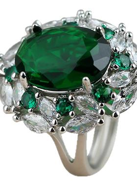 高定款仿哥伦比亚培育祖母绿戒指复古奢华满钻锆石蛋面开口指环女