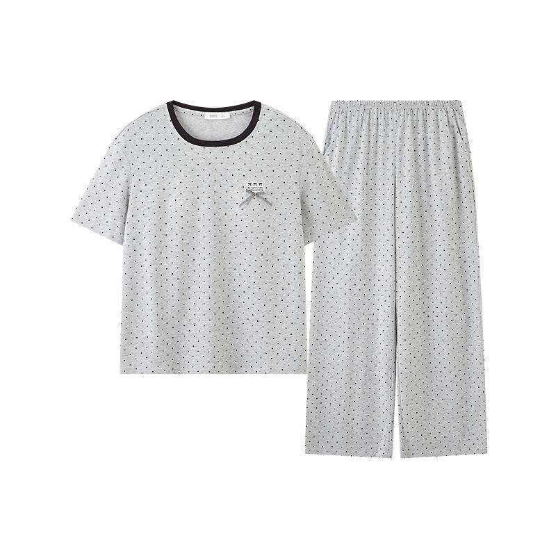 三福女春夏季带胸垫波点抗菌睡衣套装简约休闲舒适宽松女士家居服