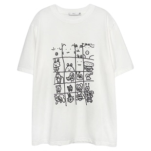 3ts卡通印花纯棉白色t恤夏季圆领正肩短袖宽松简约上衣