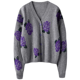 火的不行~玫瑰花v领廓形100%羊绒开衫女纯羊绒毛衣针织衫外套秋冬