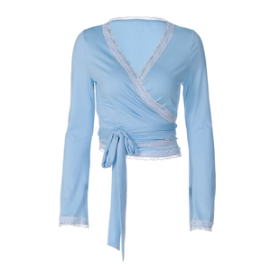 gusty法式纯欲辣妹蕾丝拼接交叉绑带上衣女轻熟御姐风V领长袖T恤