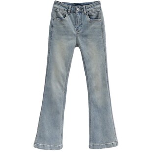 浅蓝色春夏新款高腰微喇裤女2026修身显瘦裤脚小开叉百搭牛仔裤子