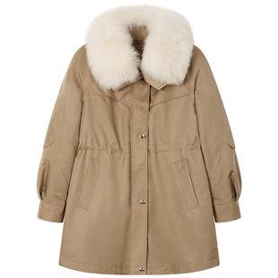 曼德诗复古派克服大衣女2025冬季新款美拉德毛领外套收腰显瘦风衣