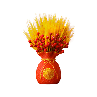 天然黄金大麦干花束福袋红果钱袋子客厅摆件发财果装饰乔迁仿真花