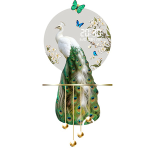 新中式孔雀玄关装饰画智能万年历电子时钟挂画高级感立体发光灯饰