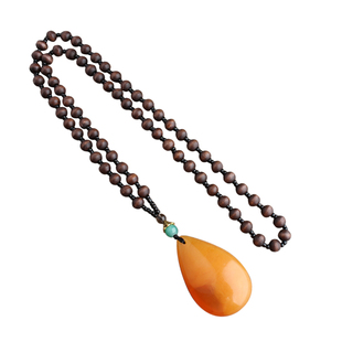 老蜜蜡水滴项链琥珀长款毛衣链平安扣牡丹花复古男女款鸡油黄挂坠