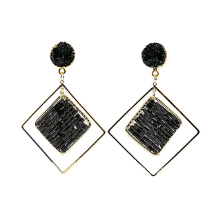 欧美夸张气质黑色串珠大棱形金属几何S925银针耳钉 凹凸不平耳坠