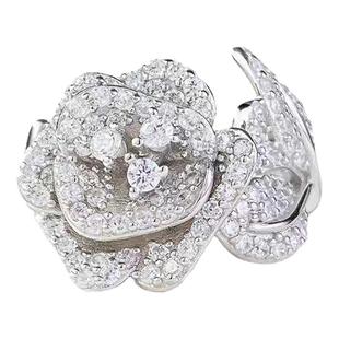 纯18K白金进口D色莫桑石满钻山茶花戒指气质玫瑰花闺蜜礼物时尚潮