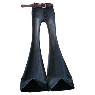 黑灰色微喇叭牛仔裤女春秋显瘦