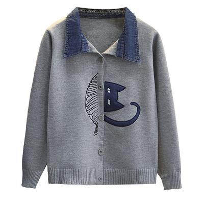 针织衫女大码牛仔领刺绣开衫毛衣