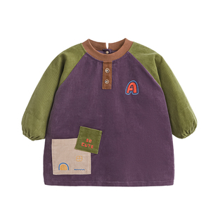 儿童灯芯绒长袖反穿衣小孩羽绒服防脏倒褂宝宝幼儿园吃饭按扣护衣