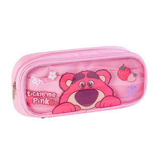 迪士尼草莓熊透明笔袋女孩高颜值卡通笔袋男小学生大容量文具袋儿童耐脏铅笔袋双层文具盒上学专用铅笔收纳袋