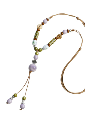 不掉色景德镇陶瓷吊坠蜡绳项链女