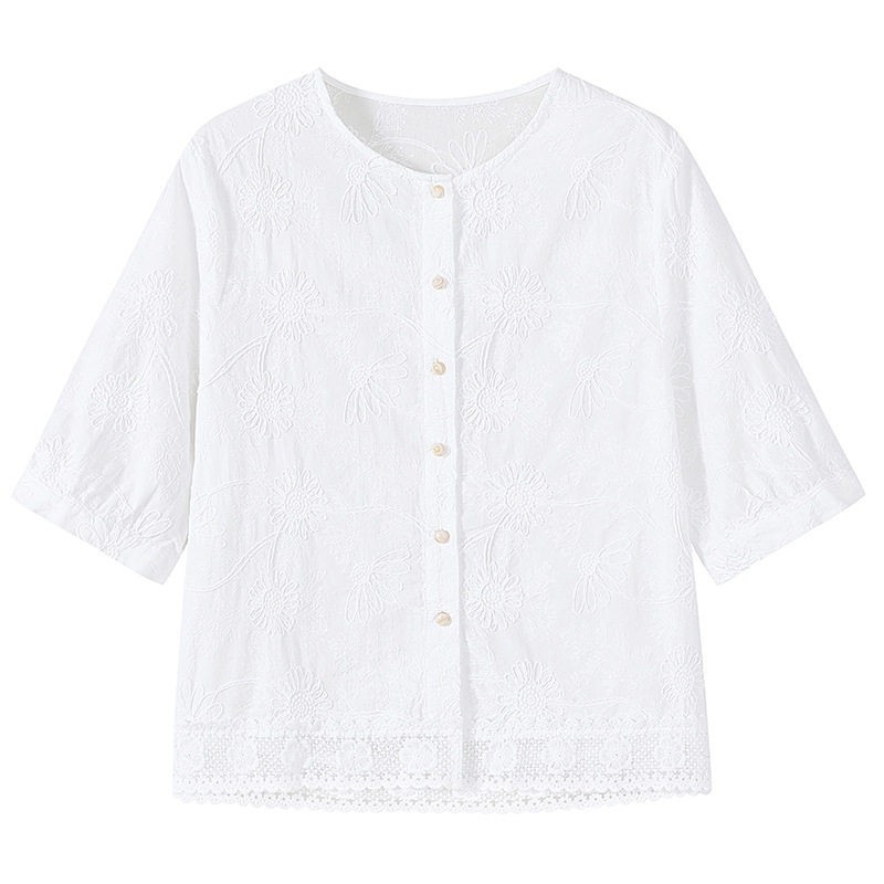 夏季纯棉刺绣宽松短袖女衬衫